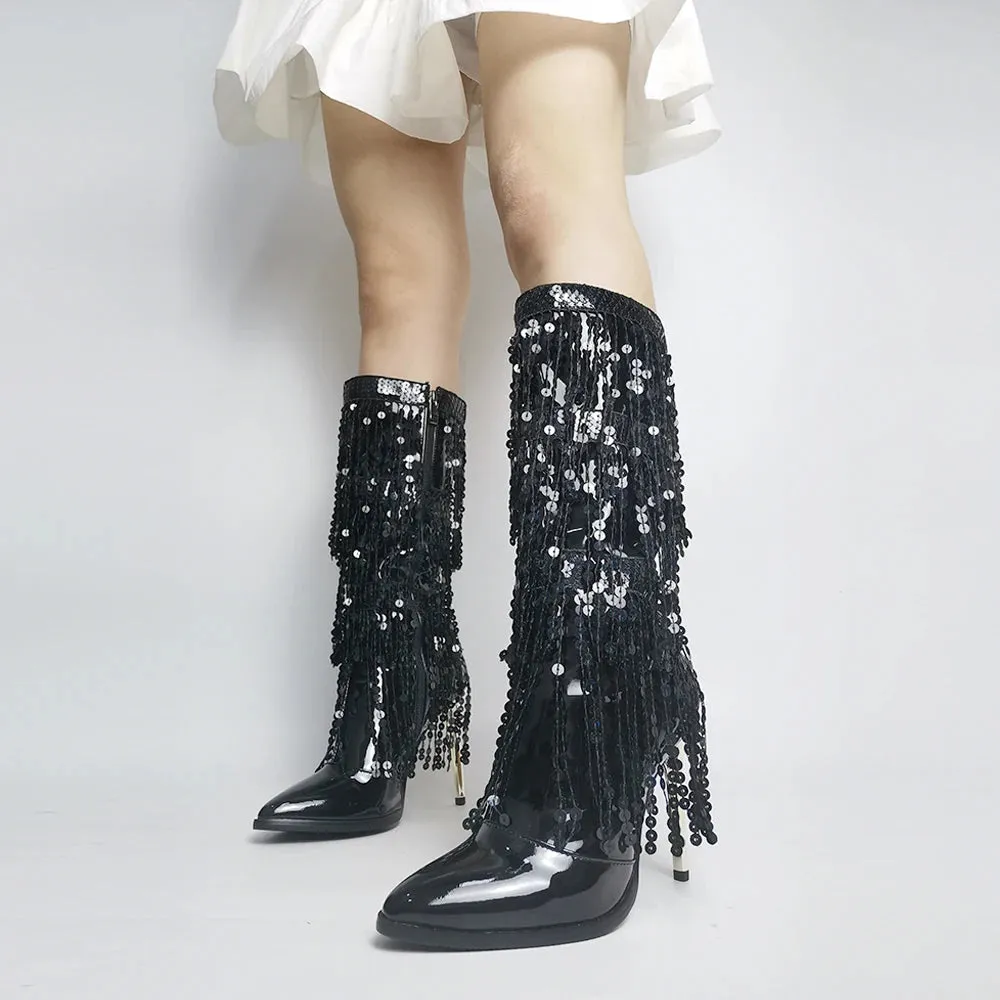 Merendy Arosa pointy stilettos Slip-on embroidery Chrome knee high boots