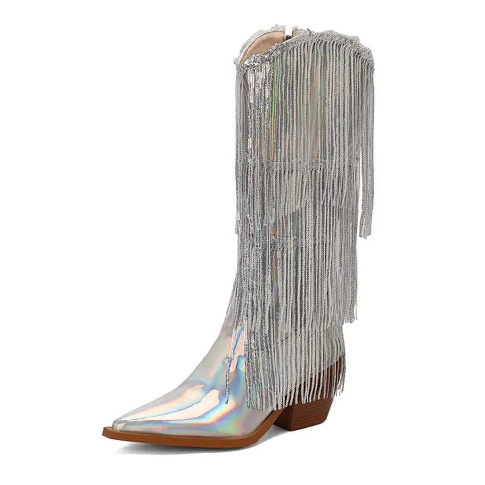 Merendy Arosa pointy stilettos Slip-on embroidery Chrome knee high boots