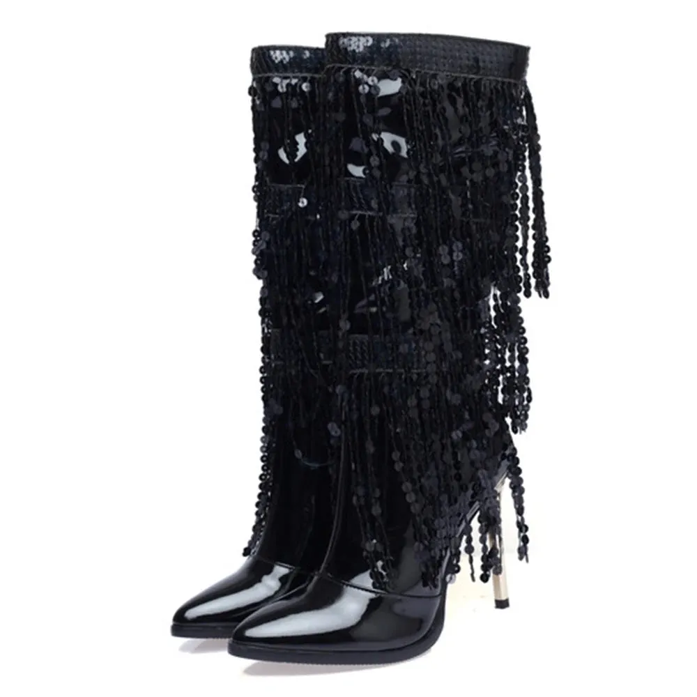 Merendy Arosa pointy stilettos Slip-on embroidery Chrome knee high boots