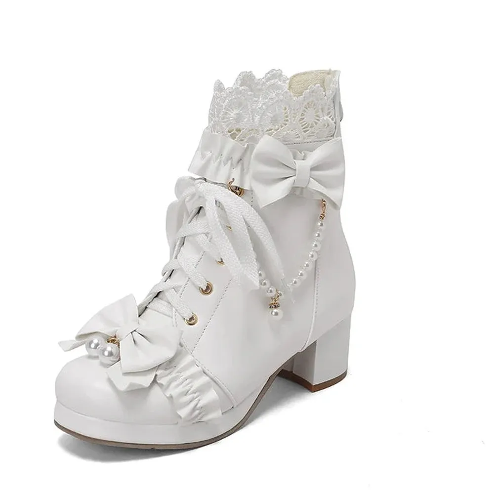 Merendy Sydaty Platform Lace-up Chunky Heel Floral White Victorian boots