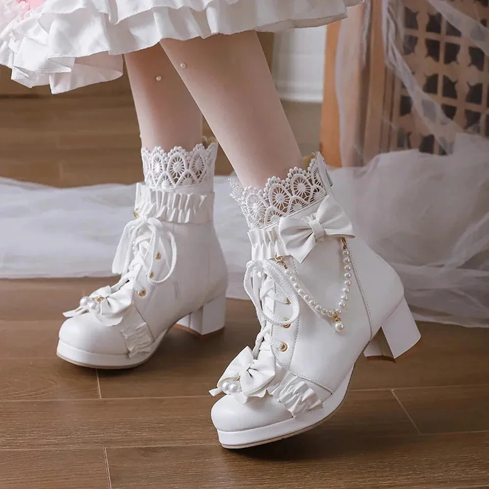 Merendy Sydaty Platform Lace-up Chunky Heel Floral White Victorian boots