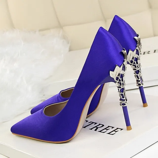 Metal Carved Thin Heel High Heels Pumps Shoes 2018 Sexy Pointed Toe Shoes Fashion Candy Colors Wedding Shoes