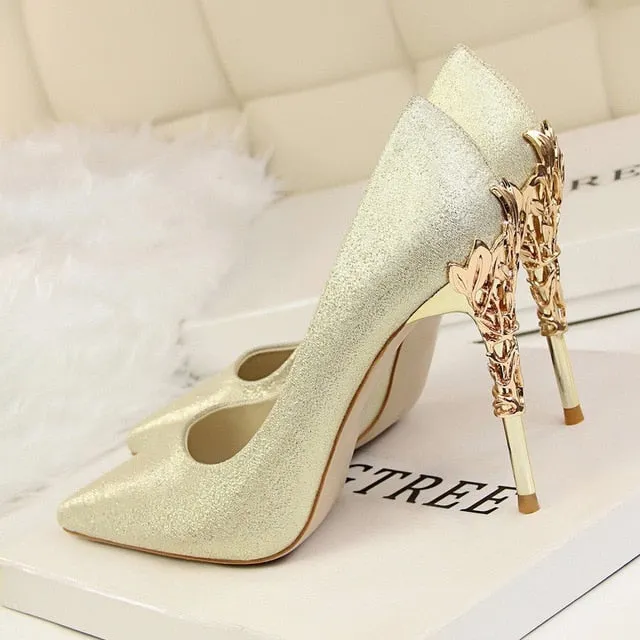 Metal Carved Thin Heel High Heels Pumps Shoes 2018 Sexy Pointed Toe Shoes Fashion Candy Colors Wedding Shoes