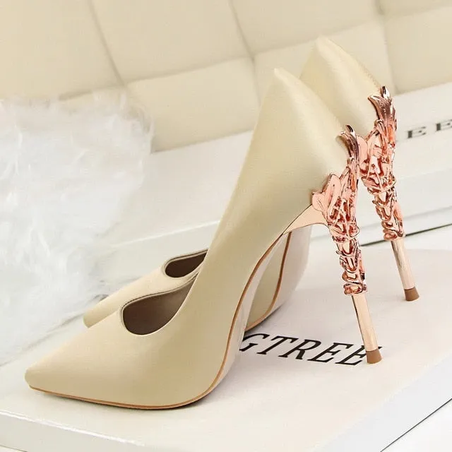 Metal Carved Thin Heel High Heels Pumps Shoes 2018 Sexy Pointed Toe Shoes Fashion Candy Colors Wedding Shoes