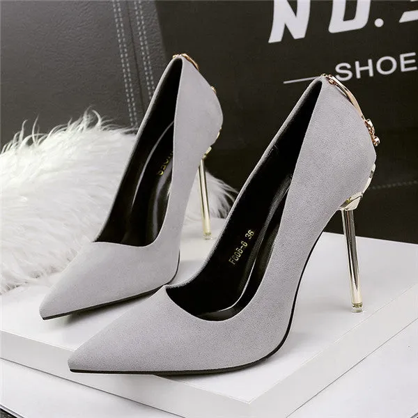 Modest Stiletto Heels Suede Upper Closed Metal Prom Shoes PS013