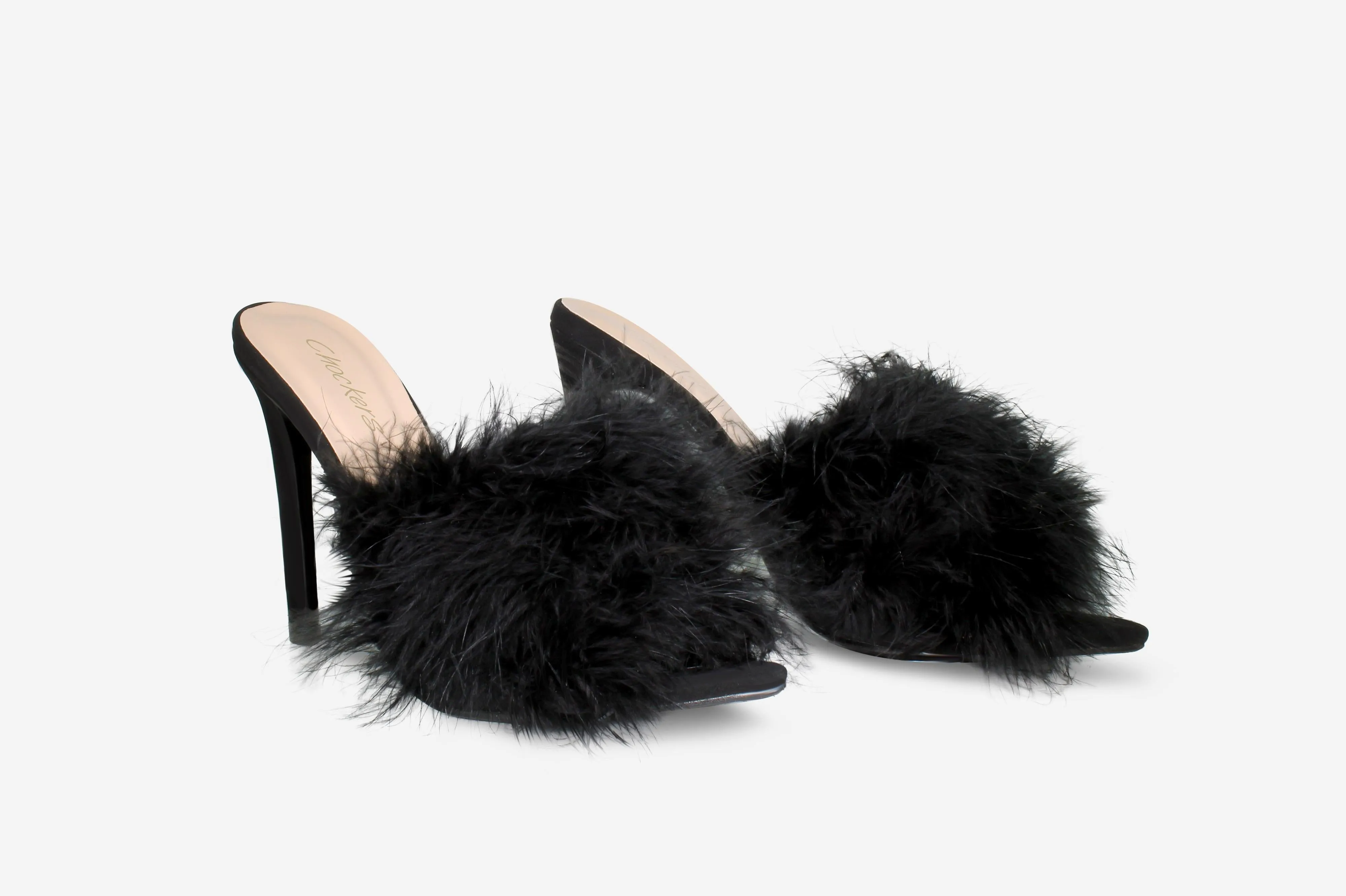 Nancy - Black Faux Suede Fluffy Heel