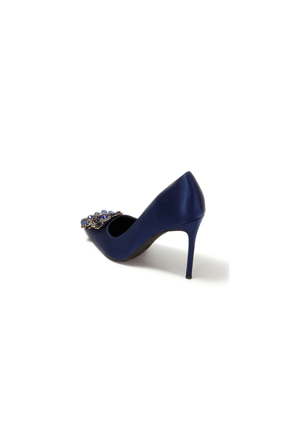 Navy Wedding Satin Pointed Toe Rhinestones Buckle Stiletto Heel Pumps