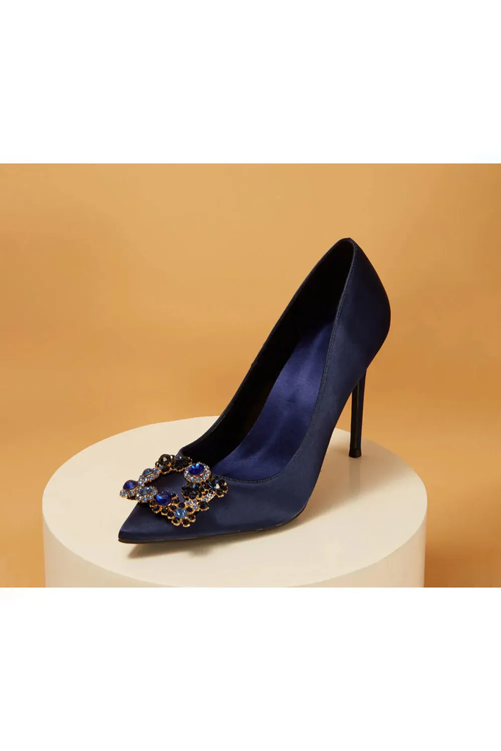 Navy Wedding Satin Pointed Toe Rhinestones Buckle Stiletto Heel Pumps