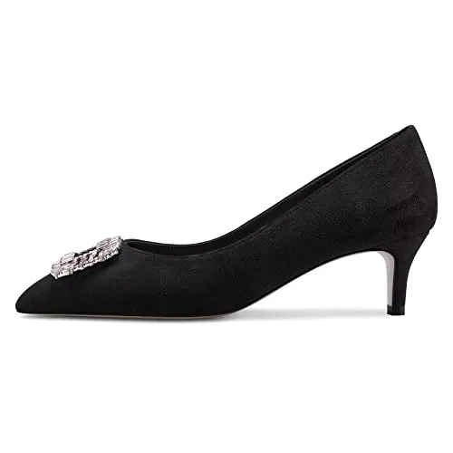 NobleOnly Women Kitten Mid Heel Pointed Toe Slip-on Pumps Rhinestone Crystal Glitter Wedding Party Dress Shoes 2.0 Inches Heels Black