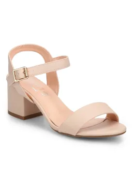 Nude PU Ankle Strap Low Block Heels