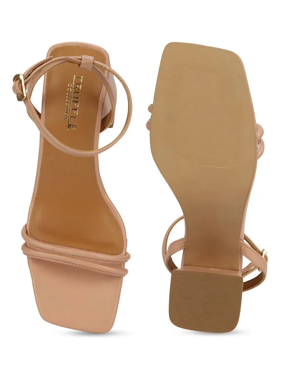 Nude PU Double Strap Block Heels