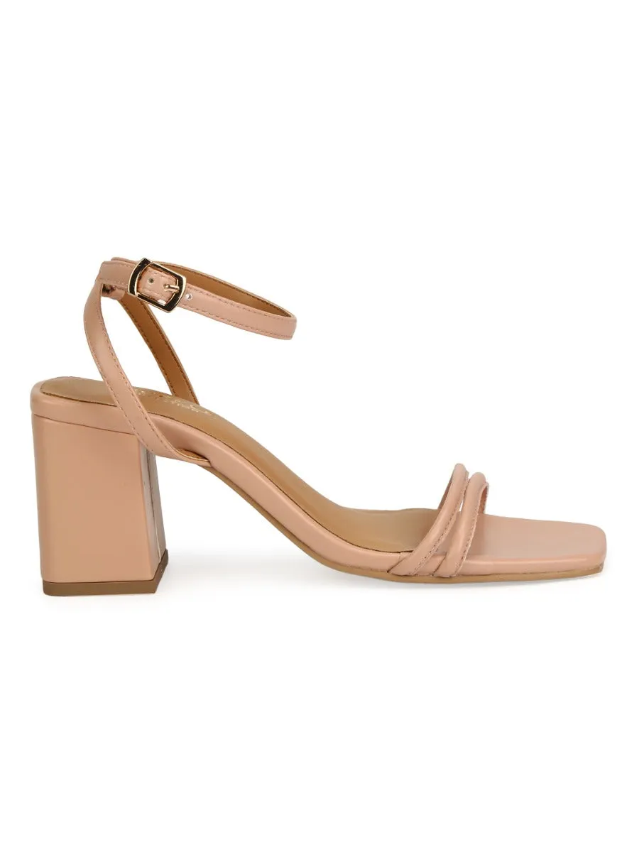 Nude PU Double Strap Block Heels