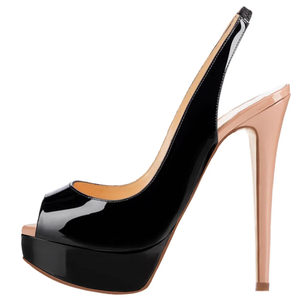 Party Peep-toe Nude & Black 14cm Pumps Slingbacks Spike Stilettos with Platform