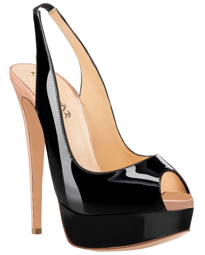 Party Peep-toe Nude & Black 14cm Pumps Slingbacks Spike Stilettos with Platform