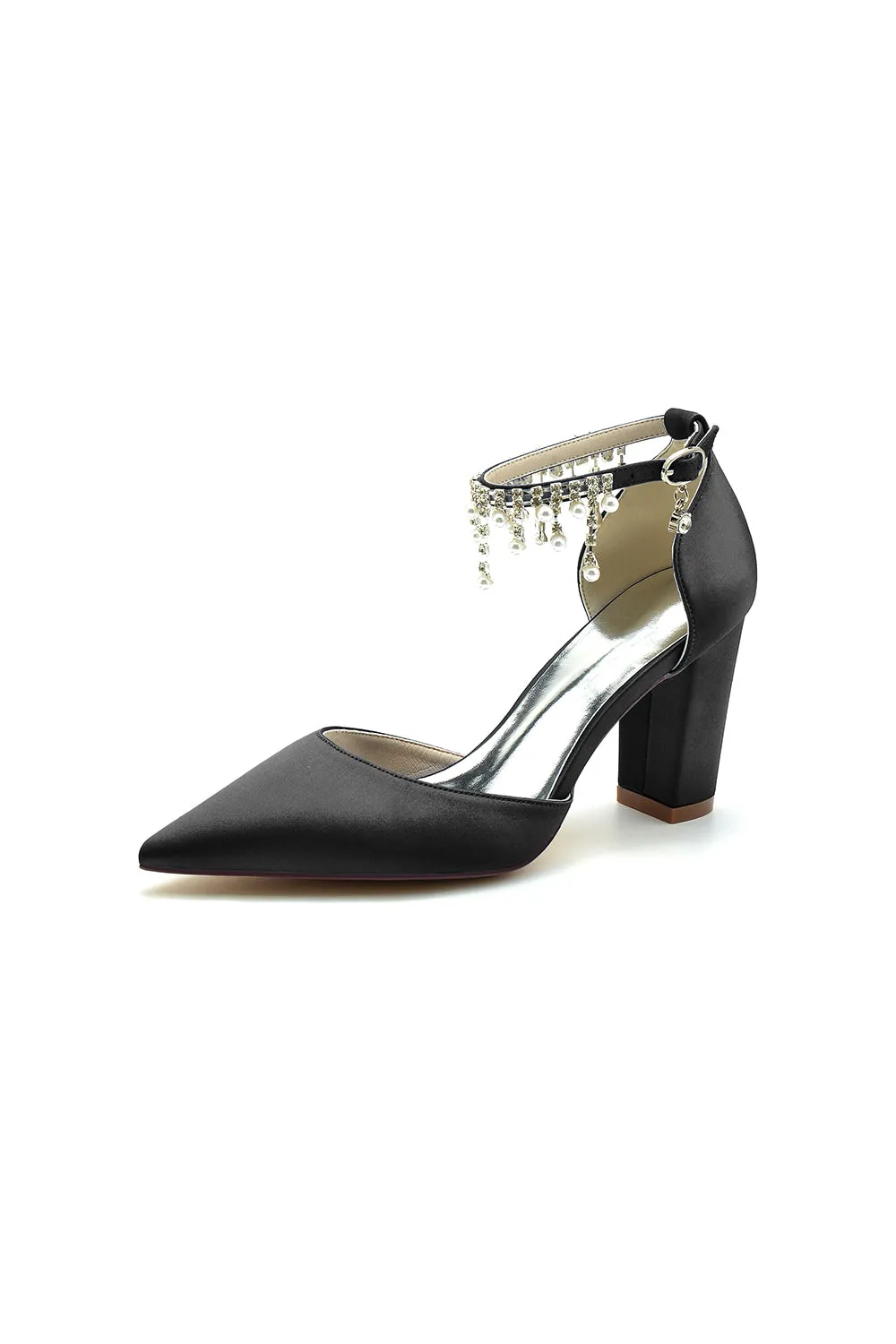 Pearl Beaded Pointed Toe Ankle Strap Chunky Heel