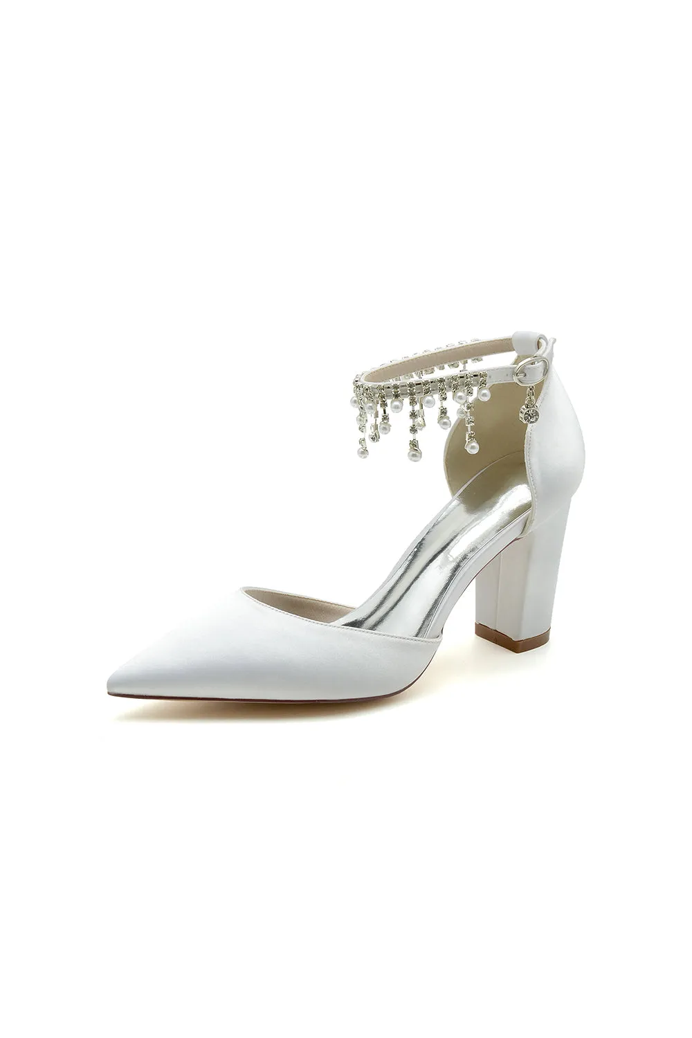 Pearl Beaded Pointed Toe Ankle Strap Chunky Heel