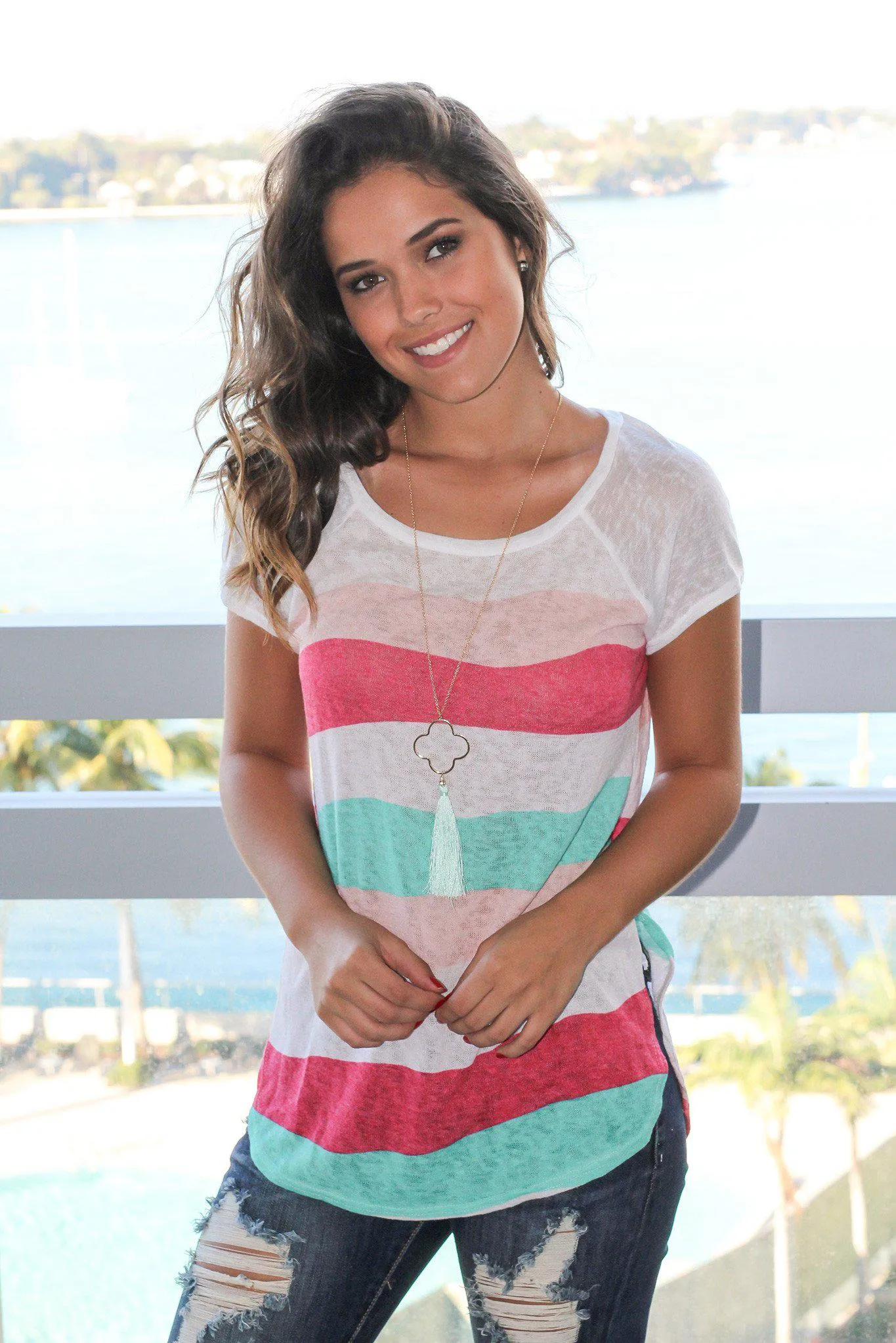 Pink and Mint Wavy Striped Top