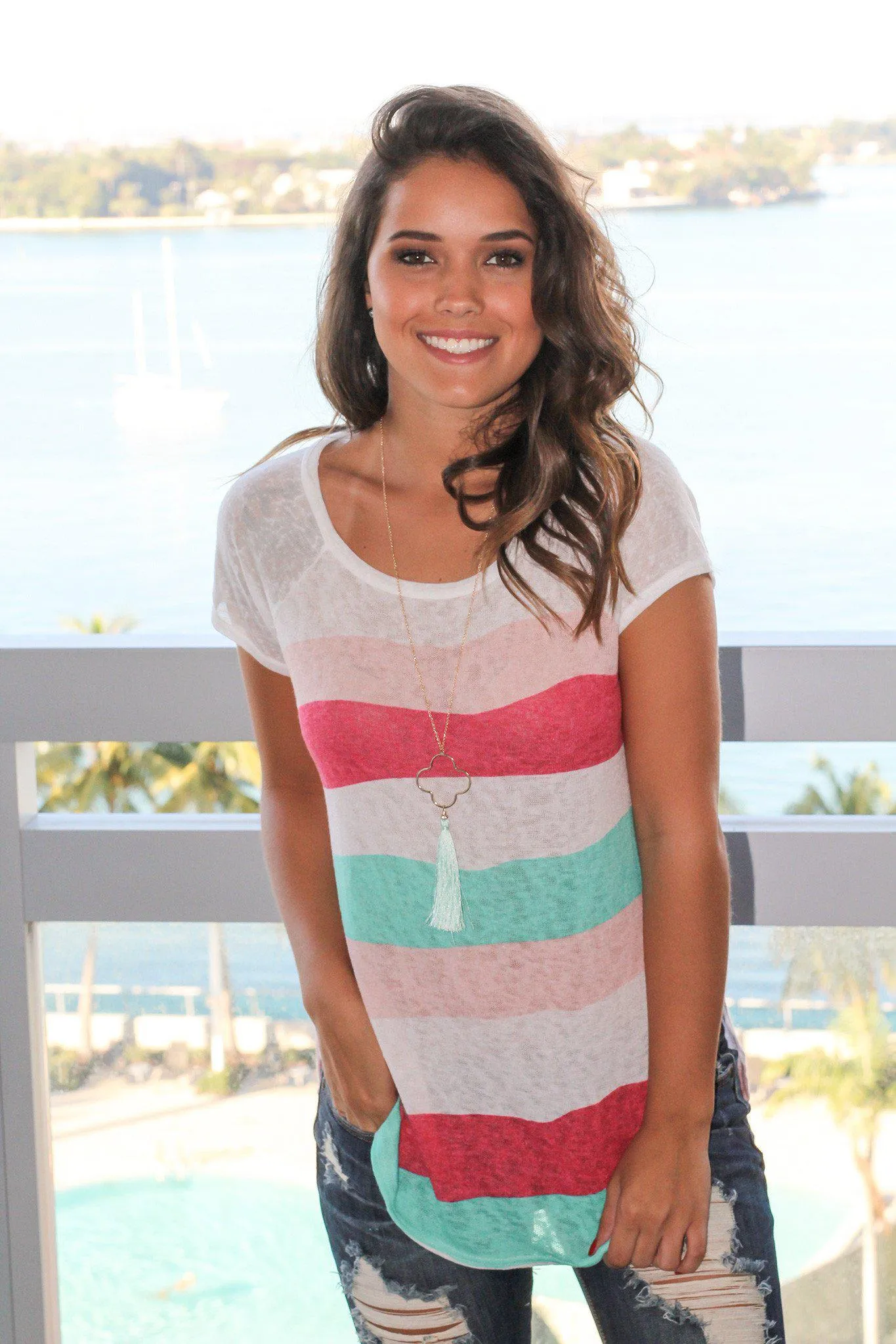 Pink and Mint Wavy Striped Top