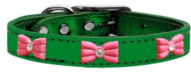 Pink Glitter Bow Widget Genuine Metallic Leather Dog Collar Emerald Green 10