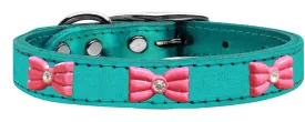 Pink Glitter Bow Widget Genuine Metallic Leather Dog Collar Turquoise 22