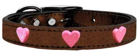 Pink Glitter Heart Widget Genuine Metallic Leather Dog Collar Bronze 16