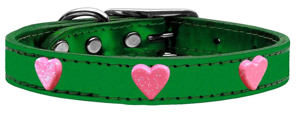 Pink Glitter Heart Widget Genuine Metallic Leather Dog Collar Emerald Green 10