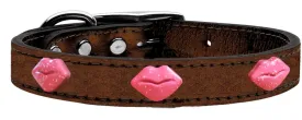 Pink Glitter Lips Widget Genuine Metallic Leather Dog Collar Bronze 24