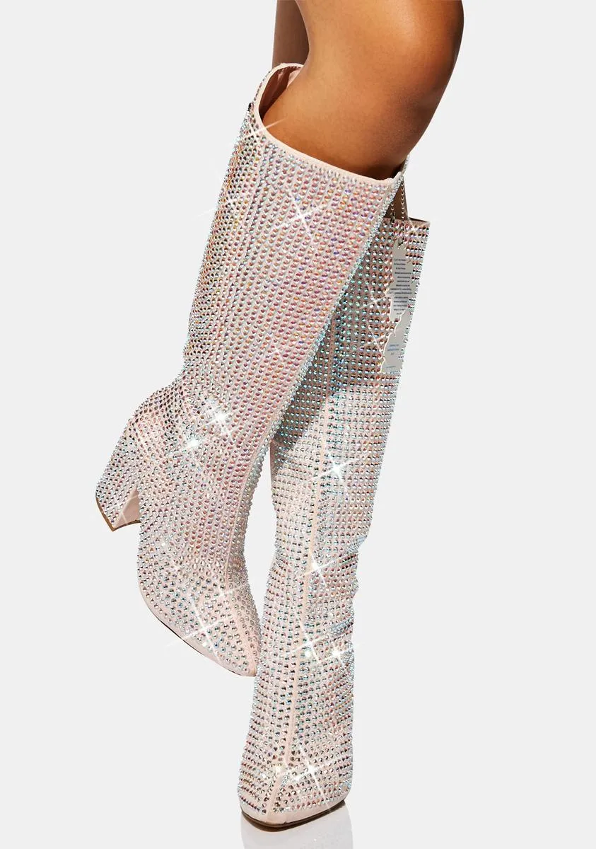 Pink Rhinestone Knee High Boots