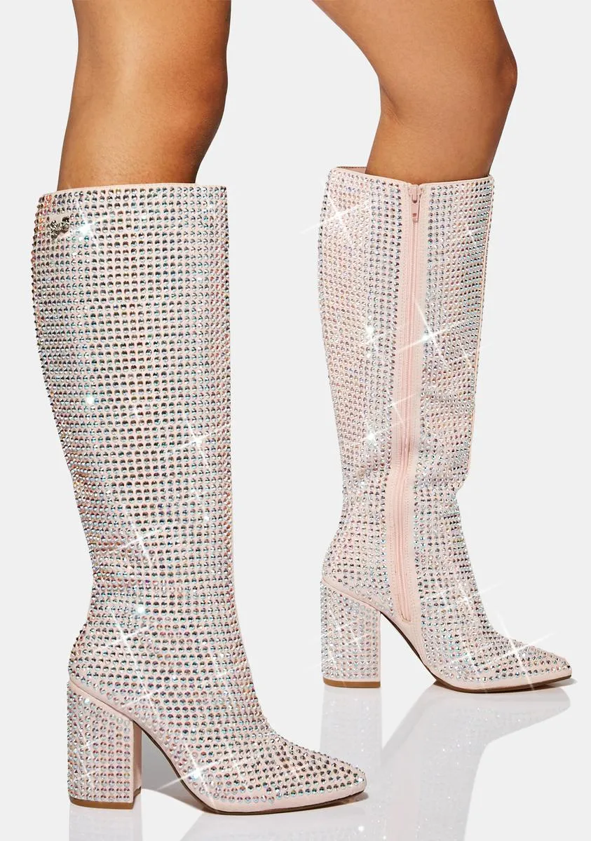 Pink Rhinestone Knee High Boots