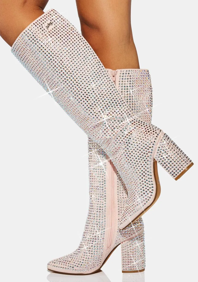 Pink Rhinestone Knee High Boots