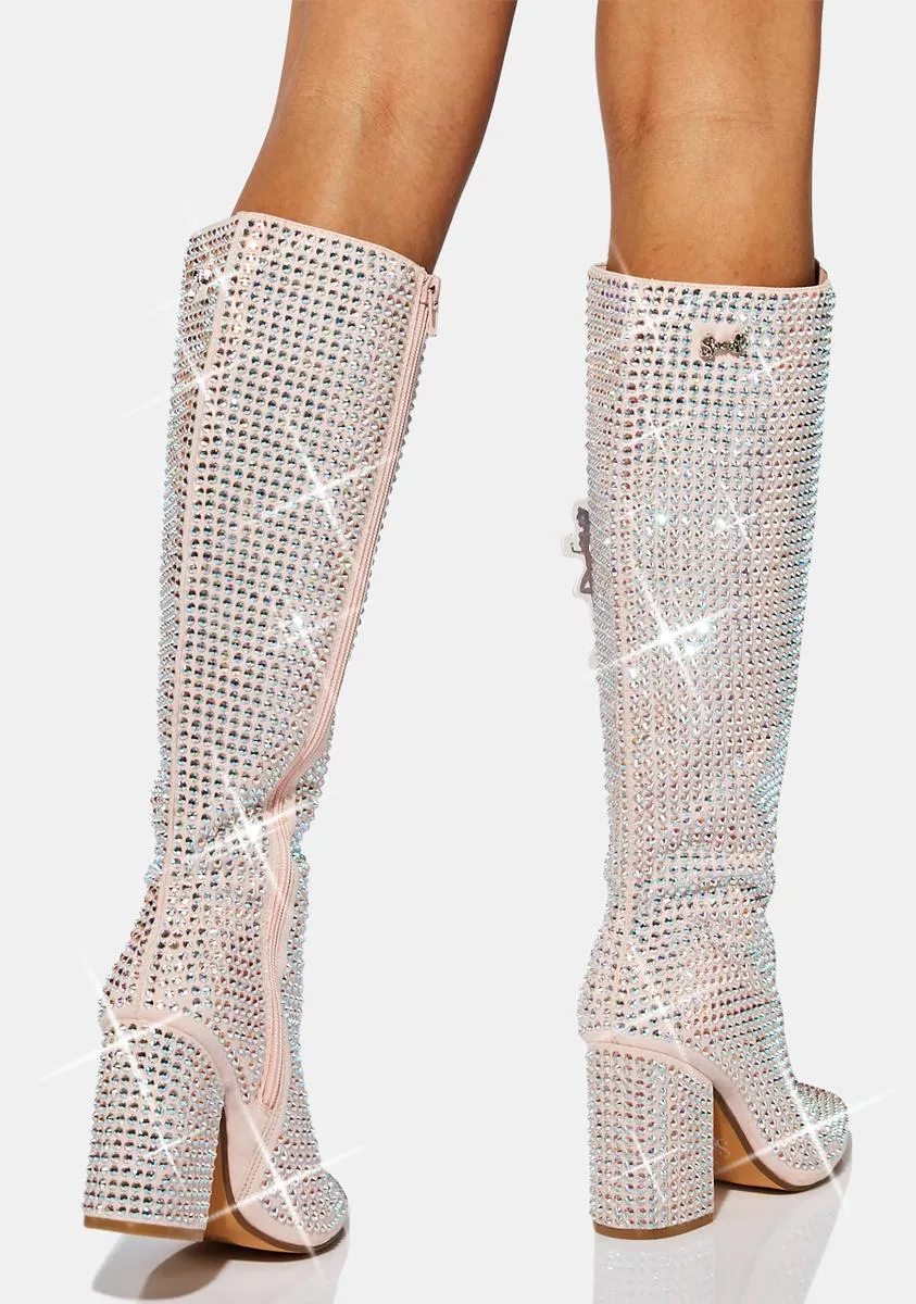 Pink Rhinestone Knee High Boots