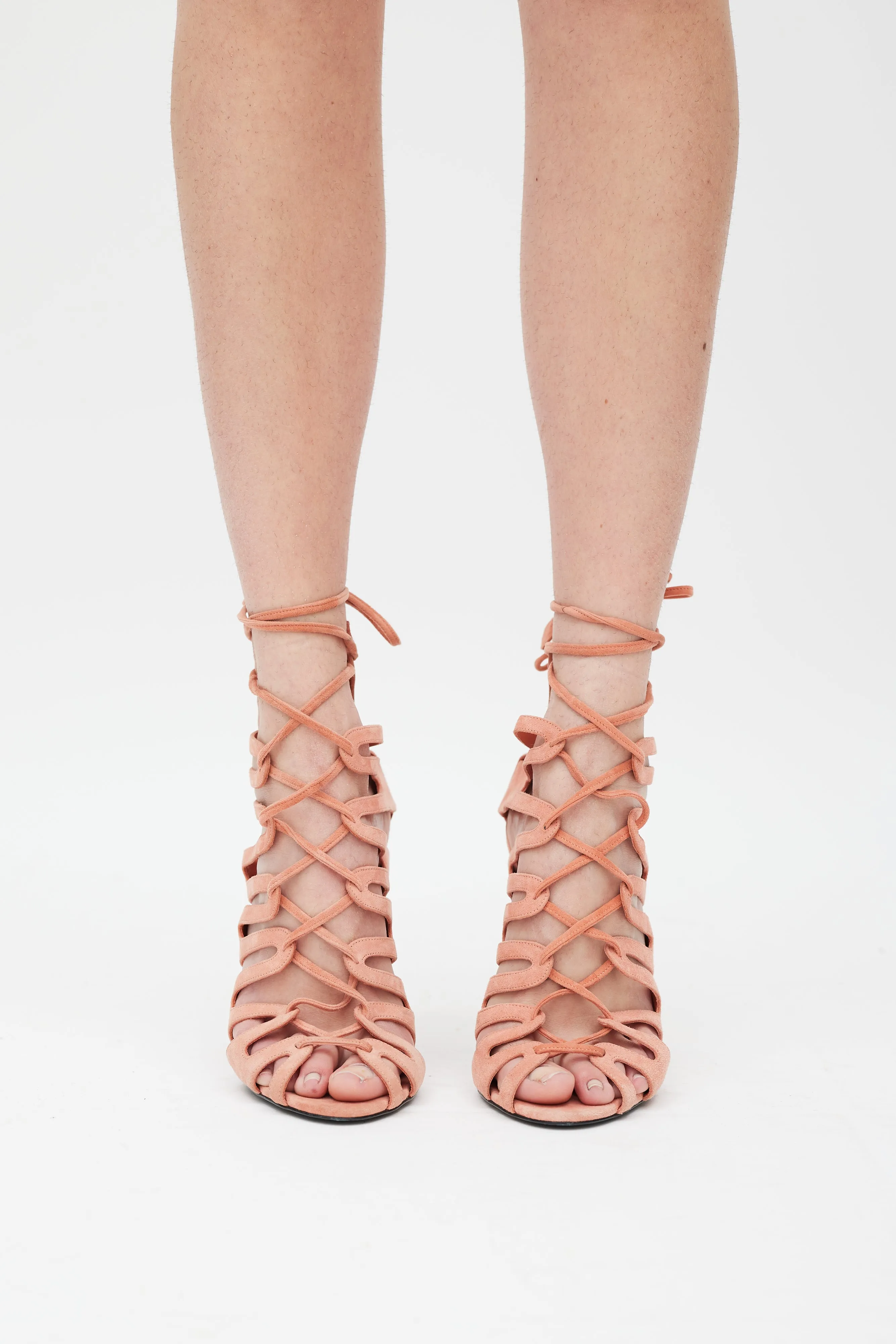 Pink Suede Cutout Cage Lace Up Heel