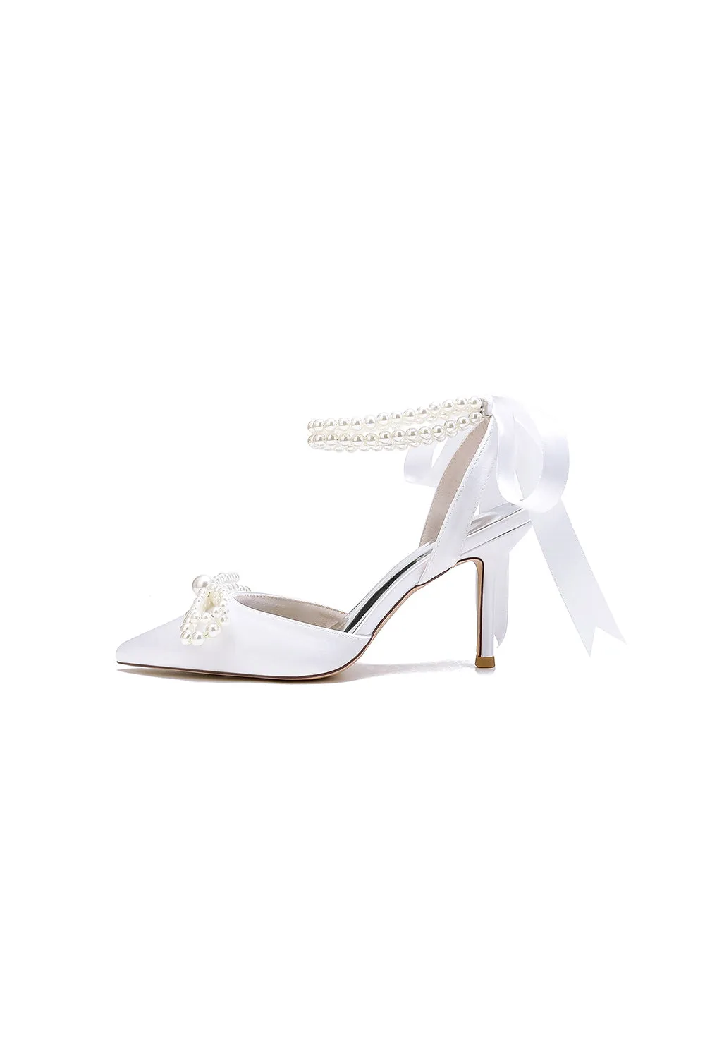 Pointed Toe Pearl Strap with Ribbon Tie