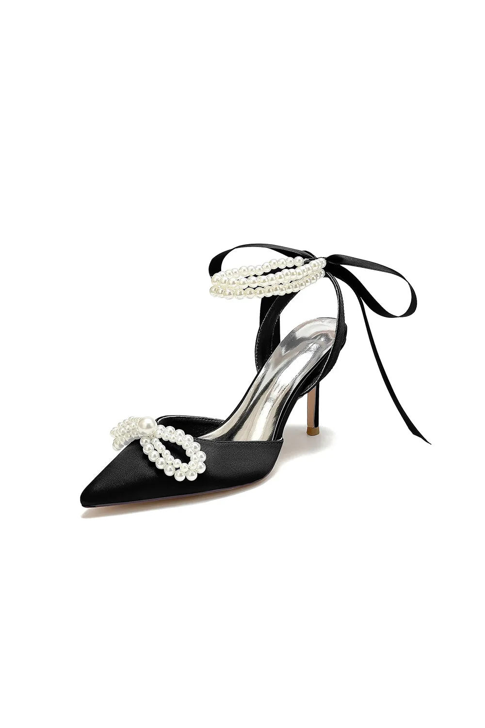 Pointed Toe Pearl Strap with Ribbon Tie