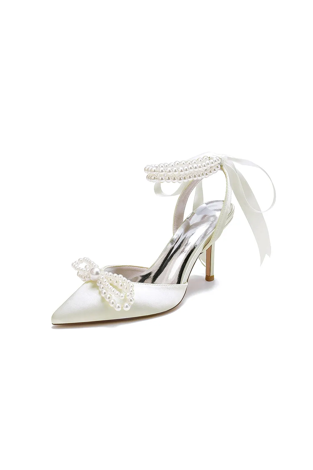 Pointed Toe Pearl Strap with Ribbon Tie