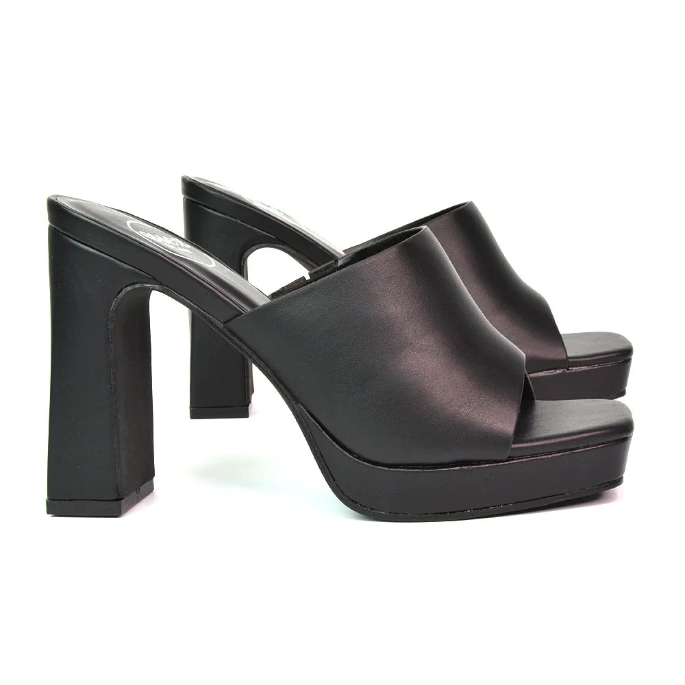 Presley Square Toe Strappy Platform Block High Heel Mule Sandals in Black