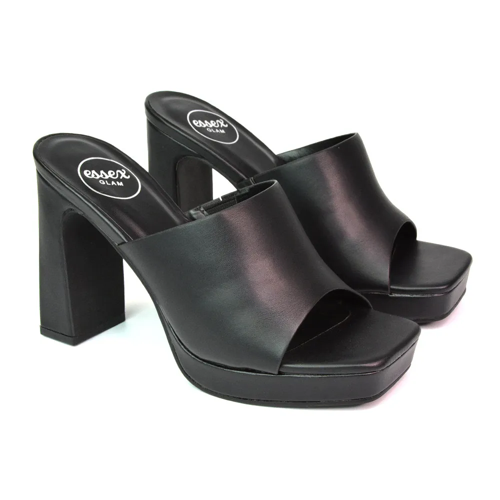 Presley Square Toe Strappy Platform Block High Heel Mule Sandals in Black