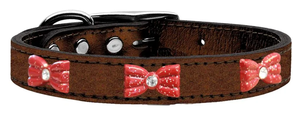 Red Glitter Bow Widget Genuine Metallic Leather Dog Collar Bronze 22