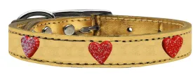 Red Glitter Heart Widget Genuine Metallic Leather Dog Collar Gold 20