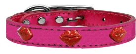 Red Glitter Lips Widget Genuine Metallic Leather Dog Collar Pink 26