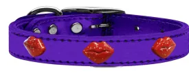 Red Glitter Lips Widget Genuine Metallic Leather Dog Collar Purple 26