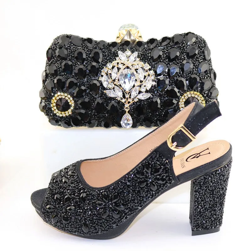 Rhinestone peep toe backstrap bridal heels with bag | Party banquet wedding dressy shoes