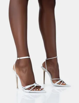 Risque White PU Strappy Pointed Toe Gold Stiletto Heels