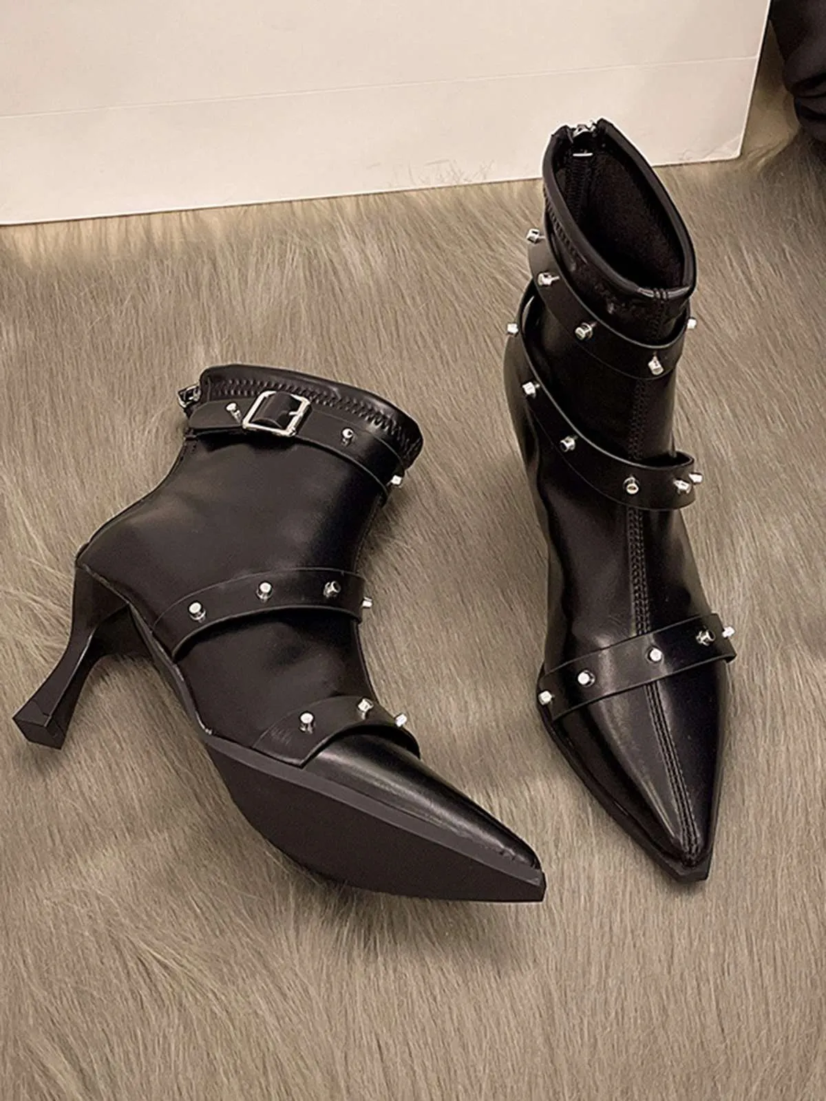 Rivet Buckles Straps Stiletto Heels Ankle Boots