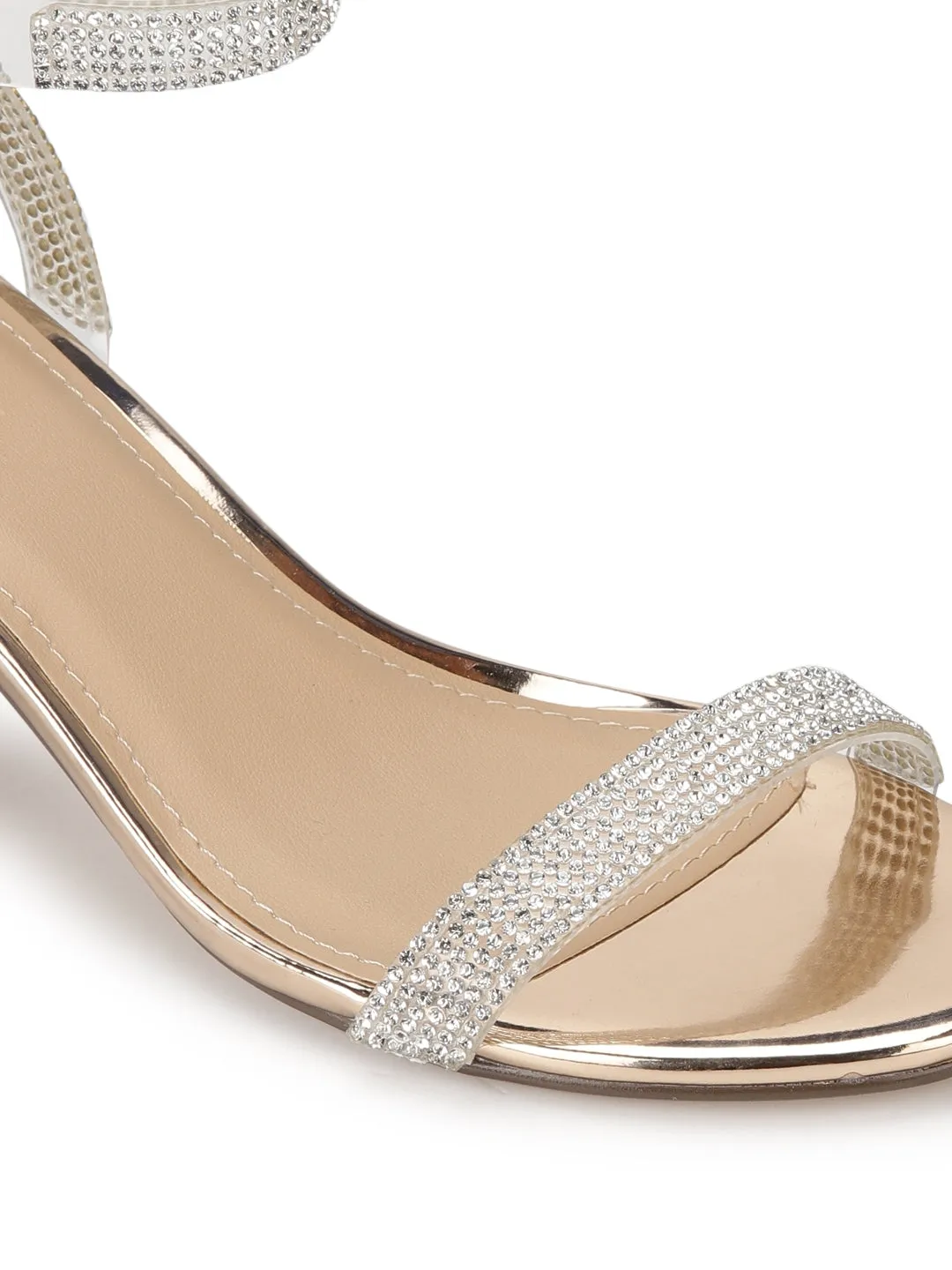 Rose Gold Metallic PU Diamante Low Block Heels