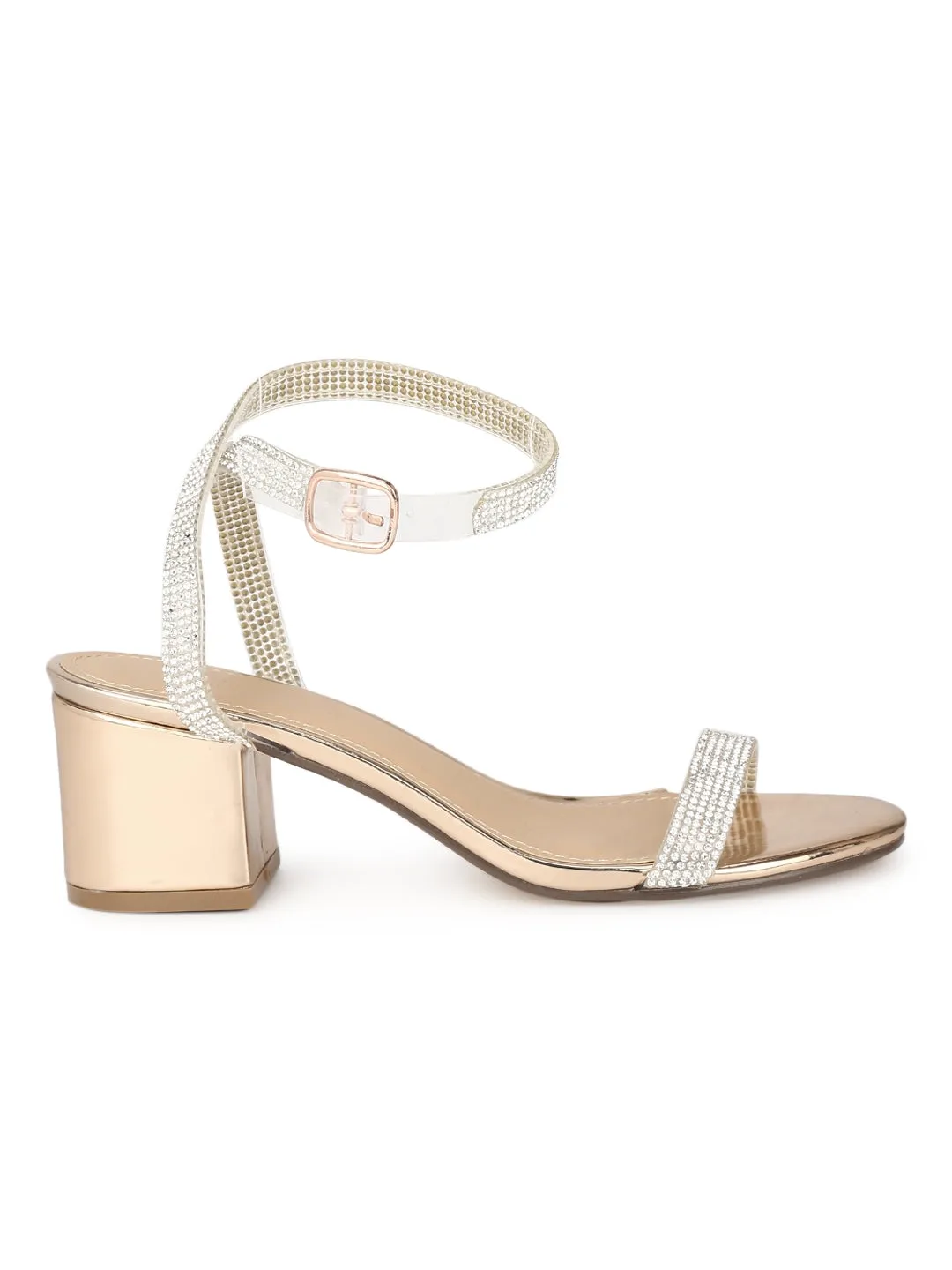 Rose Gold Metallic PU Diamante Low Block Heels