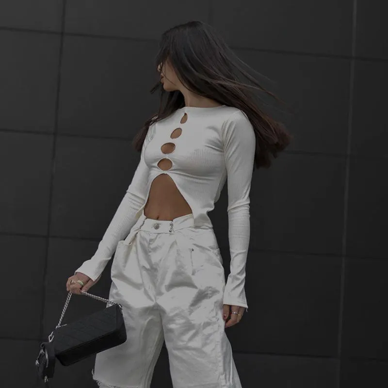 Sexy Rib Knit Boat Neck Long Sleeve Split Trim Cut Out Crop Top - White