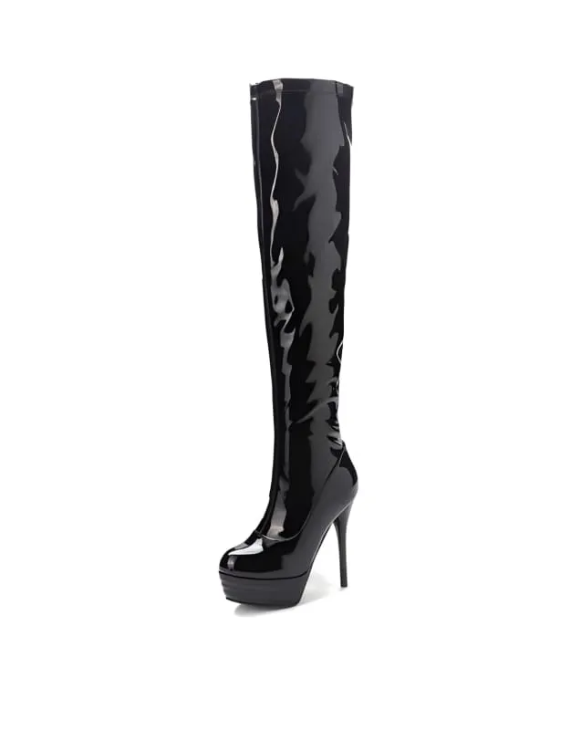 Shiny Black Patent Leather Knee Platform Stiletto Boots