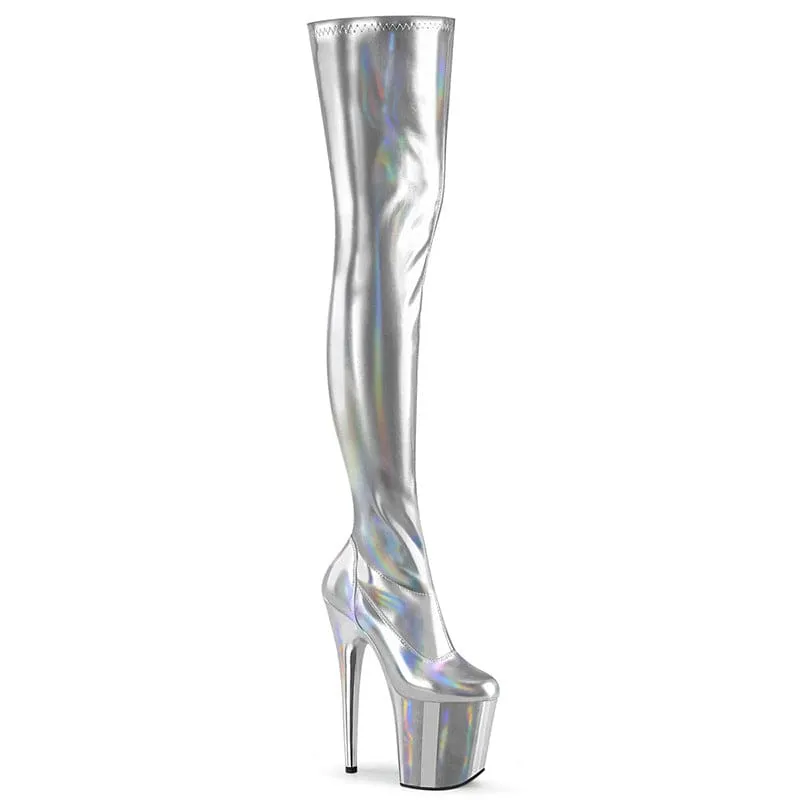 Shiny Black Patent Leather Thigh Length Boots with Iridescent Streaks