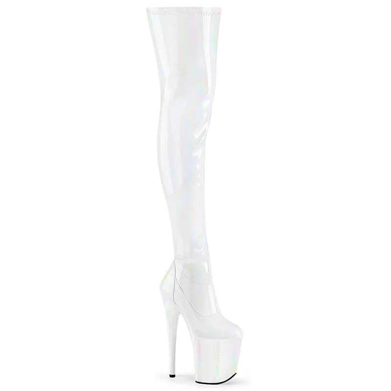 Shiny Black Patent Leather Thigh Length Boots with Iridescent Streaks